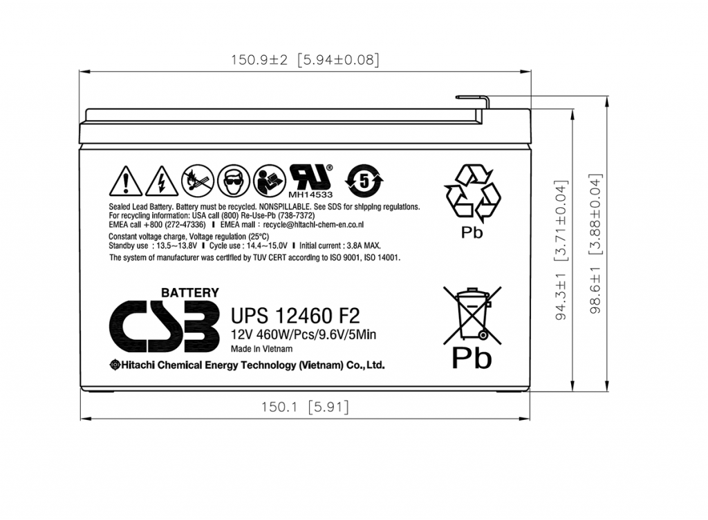 Batterie Plomb 12V 460W CSB UPS12460 F2 - Pour Onduleurs (UPS) - Connecteurs Faston 6,3mm